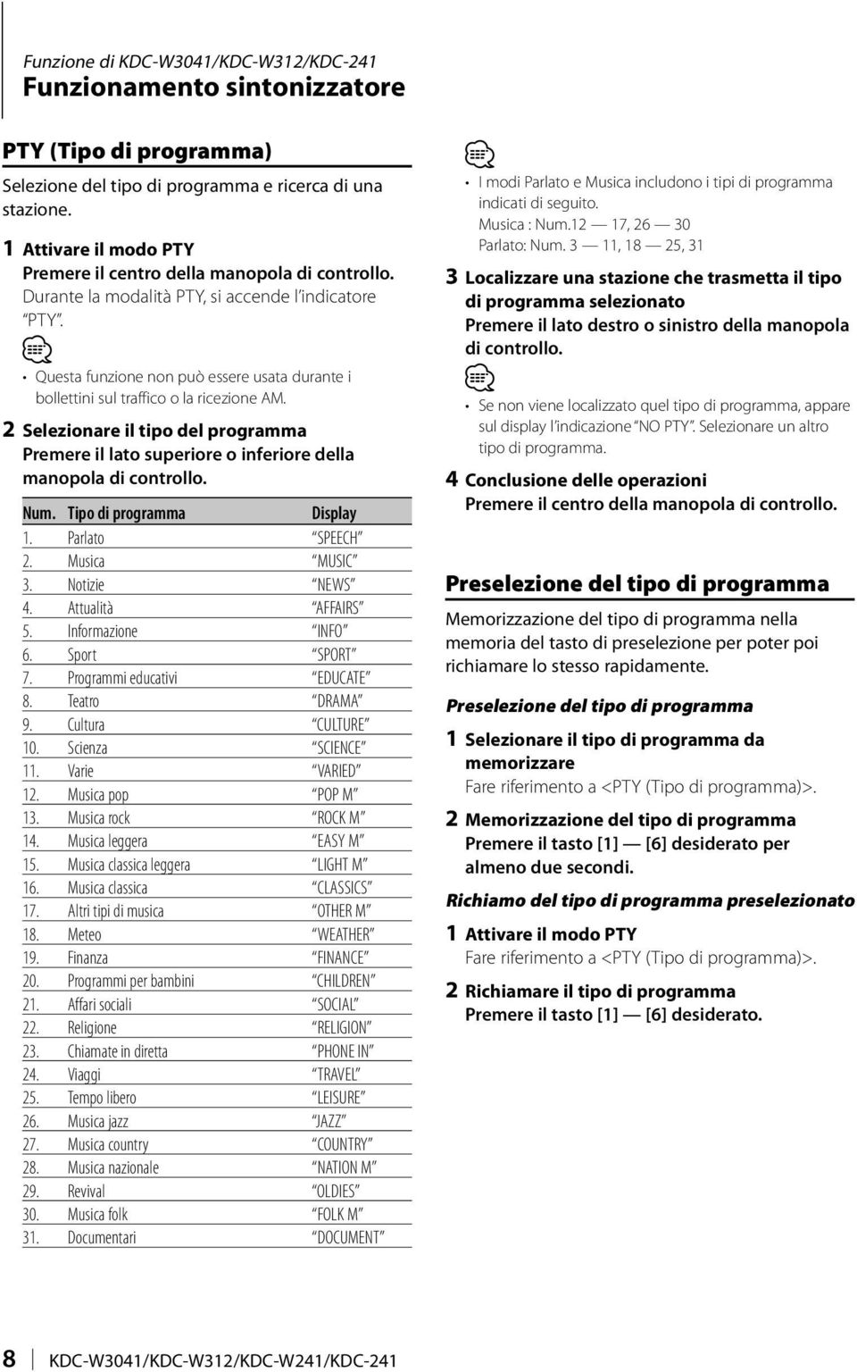 Questa funzione non può essere usata durante i bollettini sul traffico o la ricezione AM. 2 Selezionare il tipo del programma Premere il lato superiore o inferiore della manopola di controllo. Num.