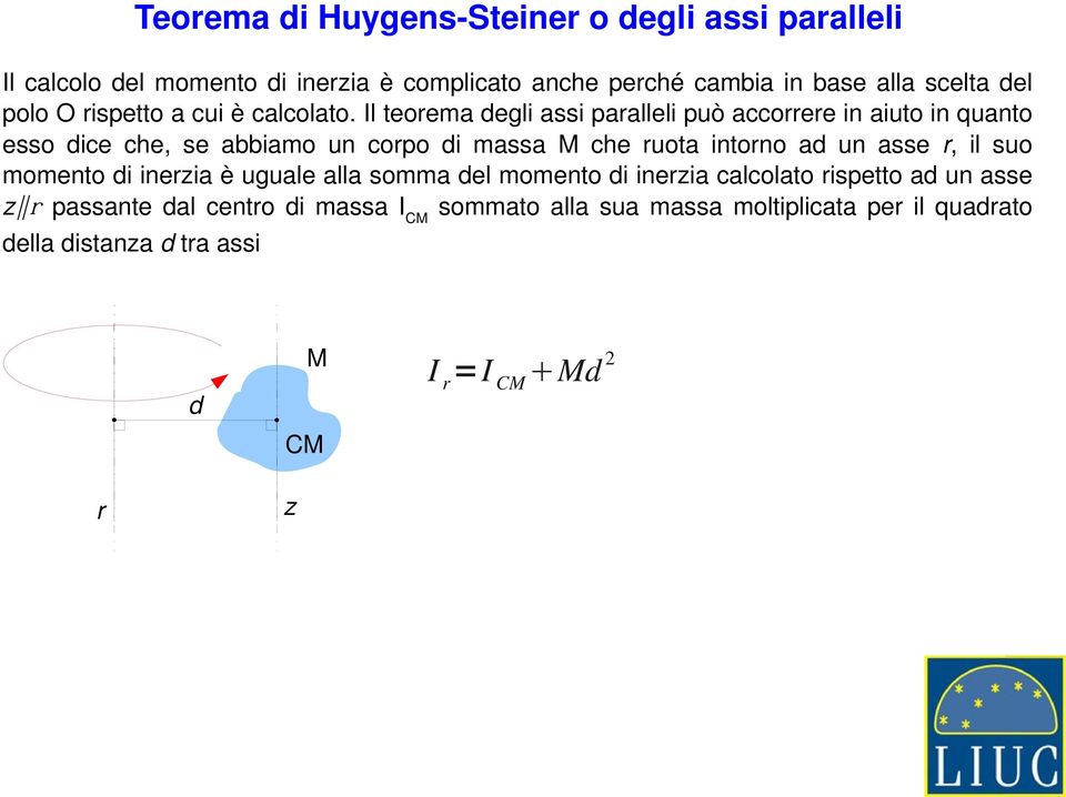 r, l suo momento d nerza è uguale alla somma del momento d nerza calcolato rspetto ad un asse z r passante dal centro d massa I CM