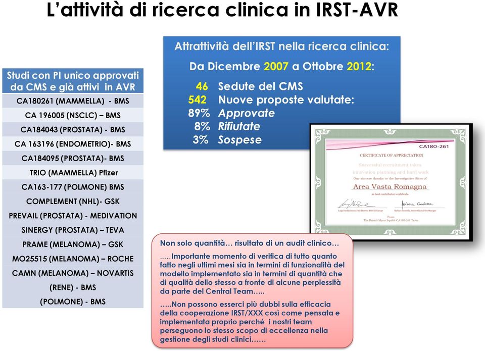 TEVA PRAME (MELANOMA) GSK MO25515 (MELANOMA) ROCE CAMN (MELANOMA) NOVARTIS (RENE) - BMS (POLMONE) - BMS Da Dicembre 2007 a Ottobre 2012: 46 Sedute del CMS 542 Nuove proposte valutate: 89% Approvate