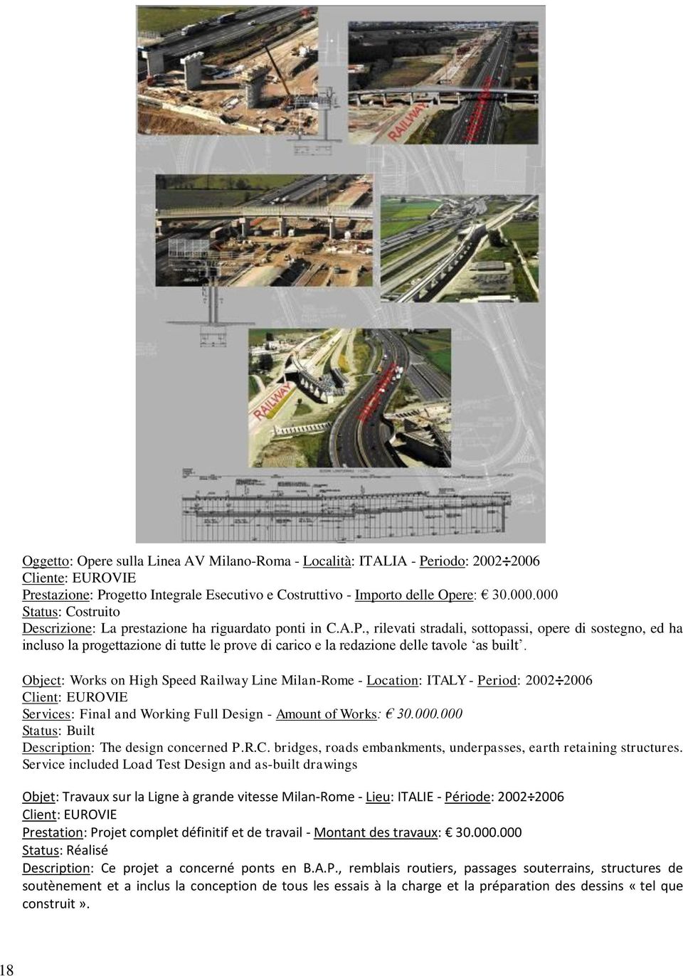 , rilevati stradali, sottopassi, opere di sostegno, ed ha incluso la progettazione di tutte le prove di carico e la redazione delle tavole as built.