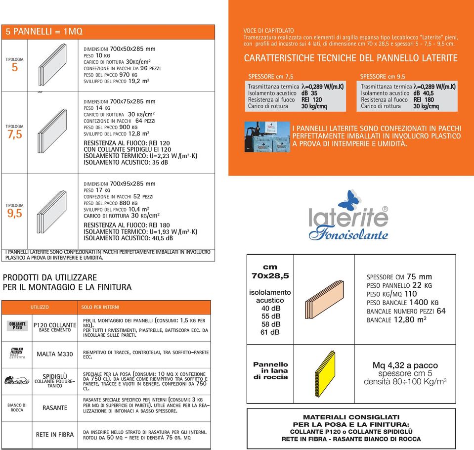 U=2,23 W /( m 2 K) ISOLAENTO ACUSTICO: 35 db VOCE DI CAPITOLATO Tramezzatura realizzata con elementi di argilla espansa tipo Lecablocco Laterite pieni, con profili ad incastro sui 4 lati, di