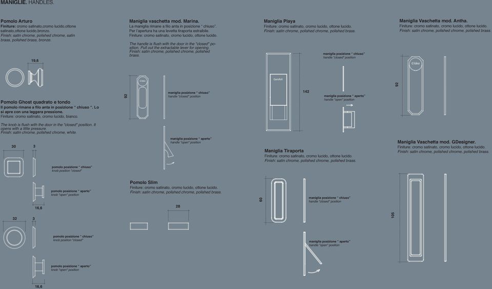 The handle is flush with the door in the "closed" position. Pull out the extractable lever for opening. Finish:, polished chrome, polished brass.