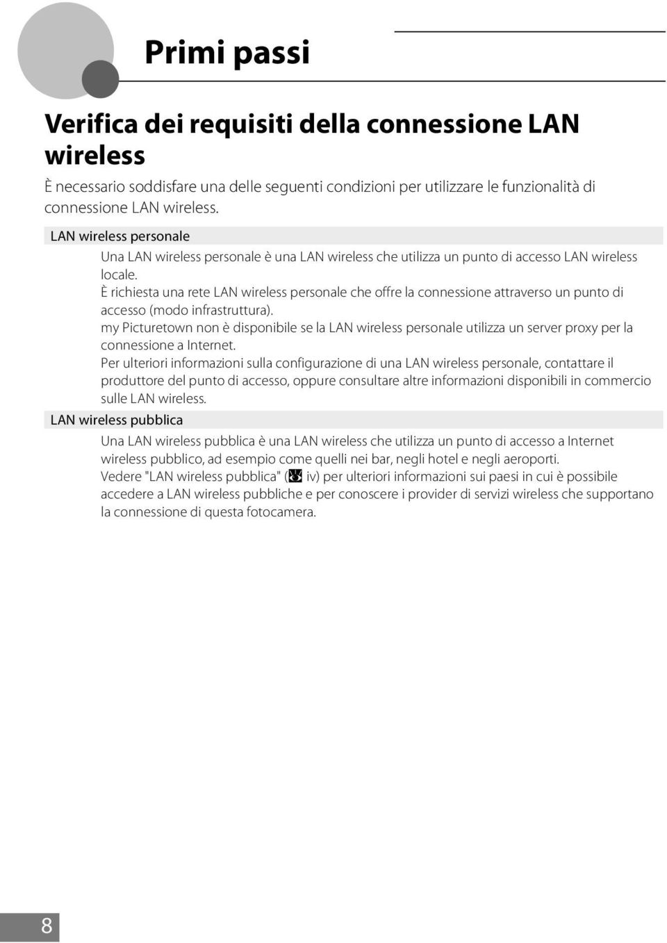 È richiesta una rete LAN wireless personale che offre la connessione attraverso un punto di accesso (modo infrastruttura).