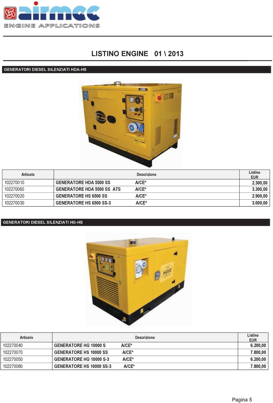 900,00 102270030 GENERATORE HS 6500 SS-3 A/CE* 3.