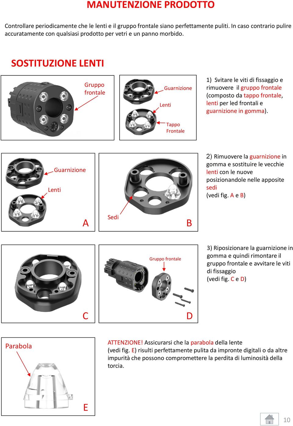 SOSTITUZIONE LENTI Gruppo frontale Guarnizione Lenti Tappo Frontale 1) Svitare le viti di fissaggio e rimuovere il gruppo frontale (composto da tappo frontale, lenti per led frontali e guarnizione in