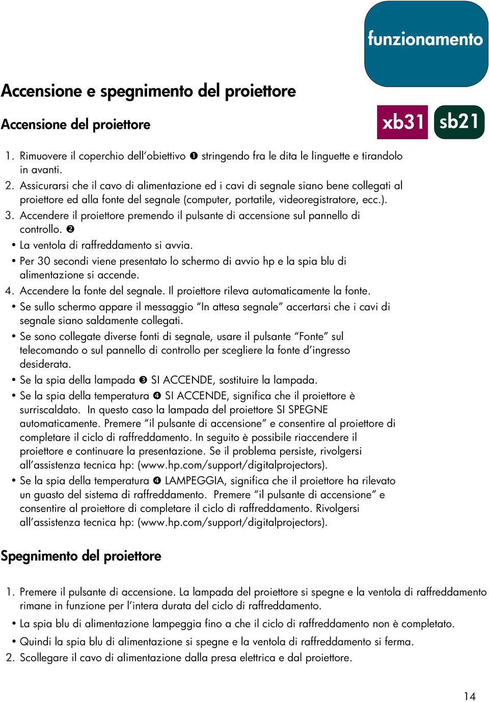 Accendere il proiettore premendo il pulsante di accensione sul pannello di controllo. La ventola di raffreddamento si avvia.