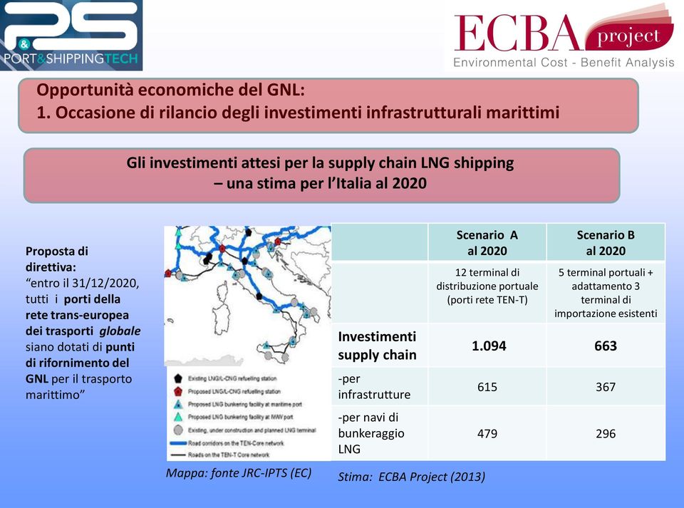 direttiva: entro il 31/12/2020, tutti i porti della rete trans-europea dei trasporti globale siano dotati di punti di rifornimento del GNL per il trasporto marittimo Mappa: