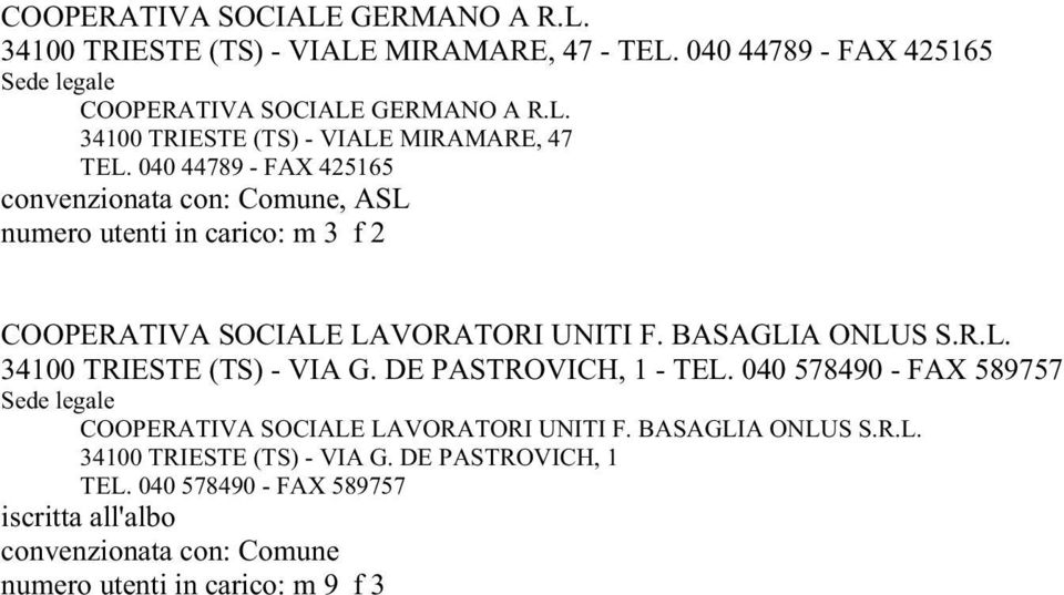 DE PASTROVICH, 1 - TEL. 040 578490 - FAX 589757 COOPERATIVA SOCIALE LAVORATORI UNITI F. BASAGLIA ONLUS S.R.L. 34100 TRIESTE (TS) - VIA G.