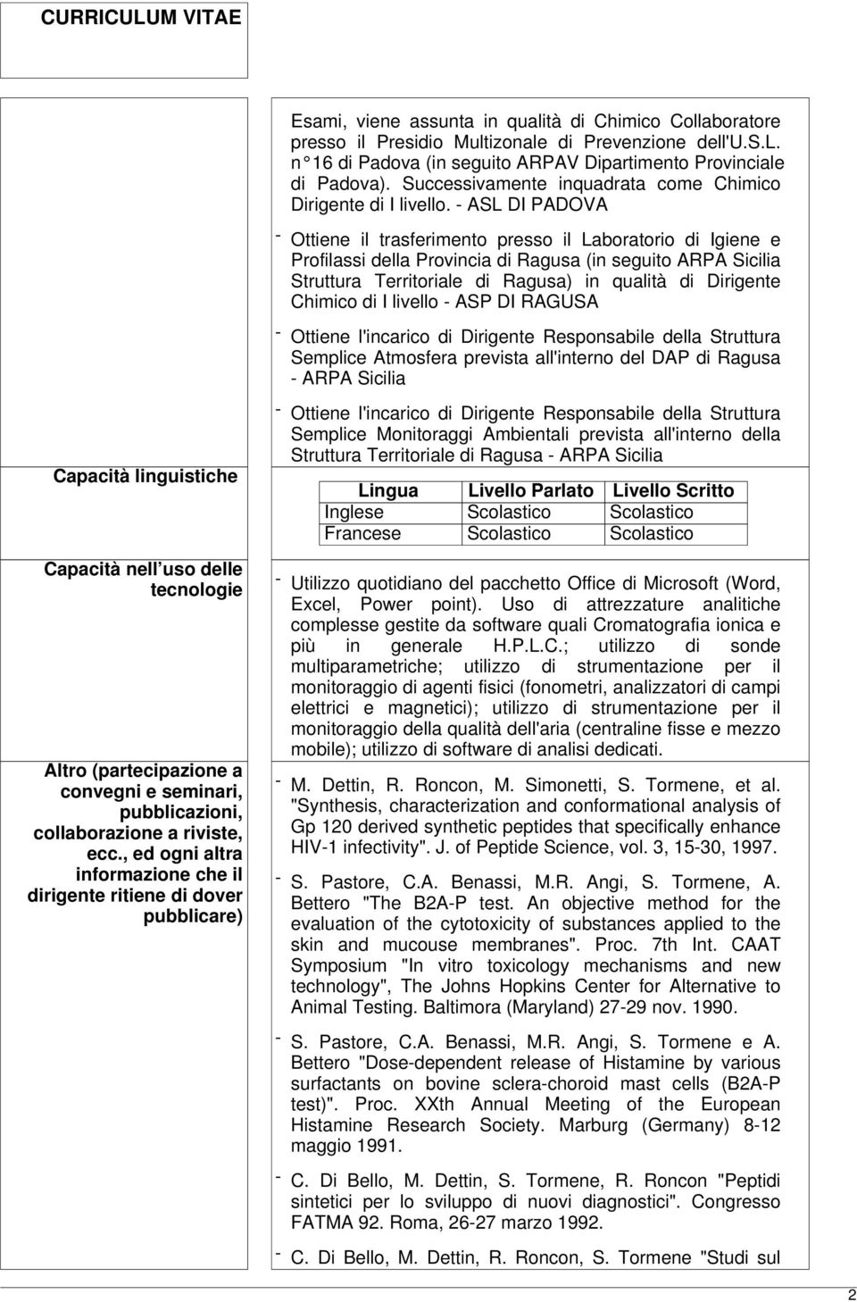 - ASL DI PADOVA - Ottiene il trasferimento presso il Laboratorio di Igiene e Profilassi della Provincia di Ragusa (in seguito ARPA Sicilia Struttura Territoriale di Ragusa) in qualità di Dirigente