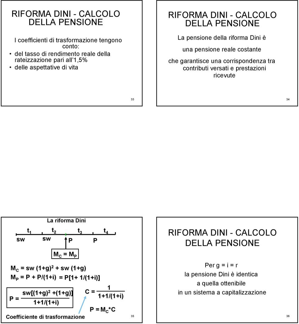 ricevute 33 34 t 1 t 2 t 3 sw sw P P M C = M P M C = sw (1+g) 2 + sw (1+g) M P = P + P/(1+i) La riforma Dini P = sw[(1+g) [(1+g)2 +(1+g)] 1+1/(1+i) = P[1+ 1/(1+i)] t 4 1 C =