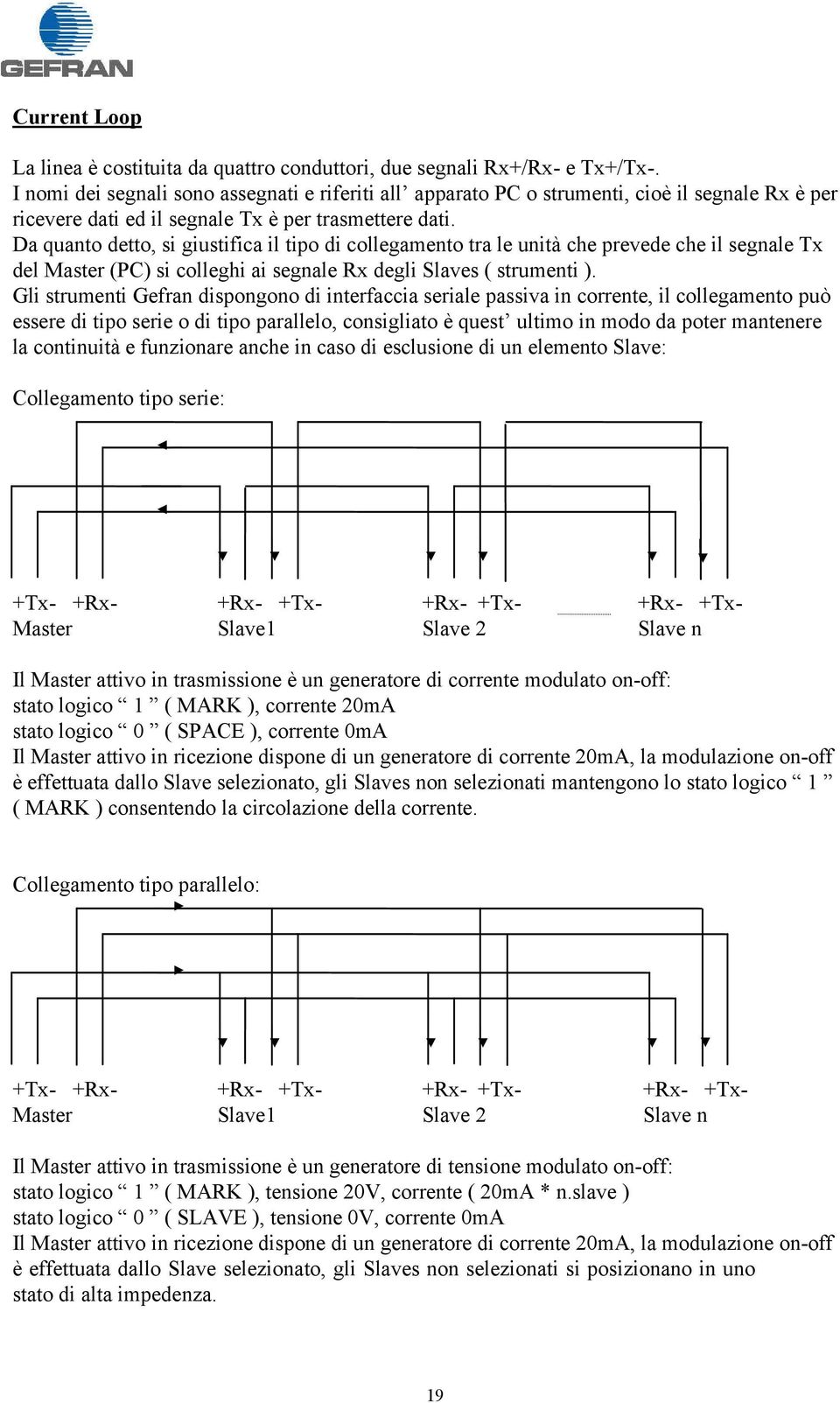 Da quanto detto, si giustifica il tipo di collegamento tra le unità che prevede che il segnale Tx del Master (PC) si colleghi ai segnale Rx degli Slaves ( strumenti ).