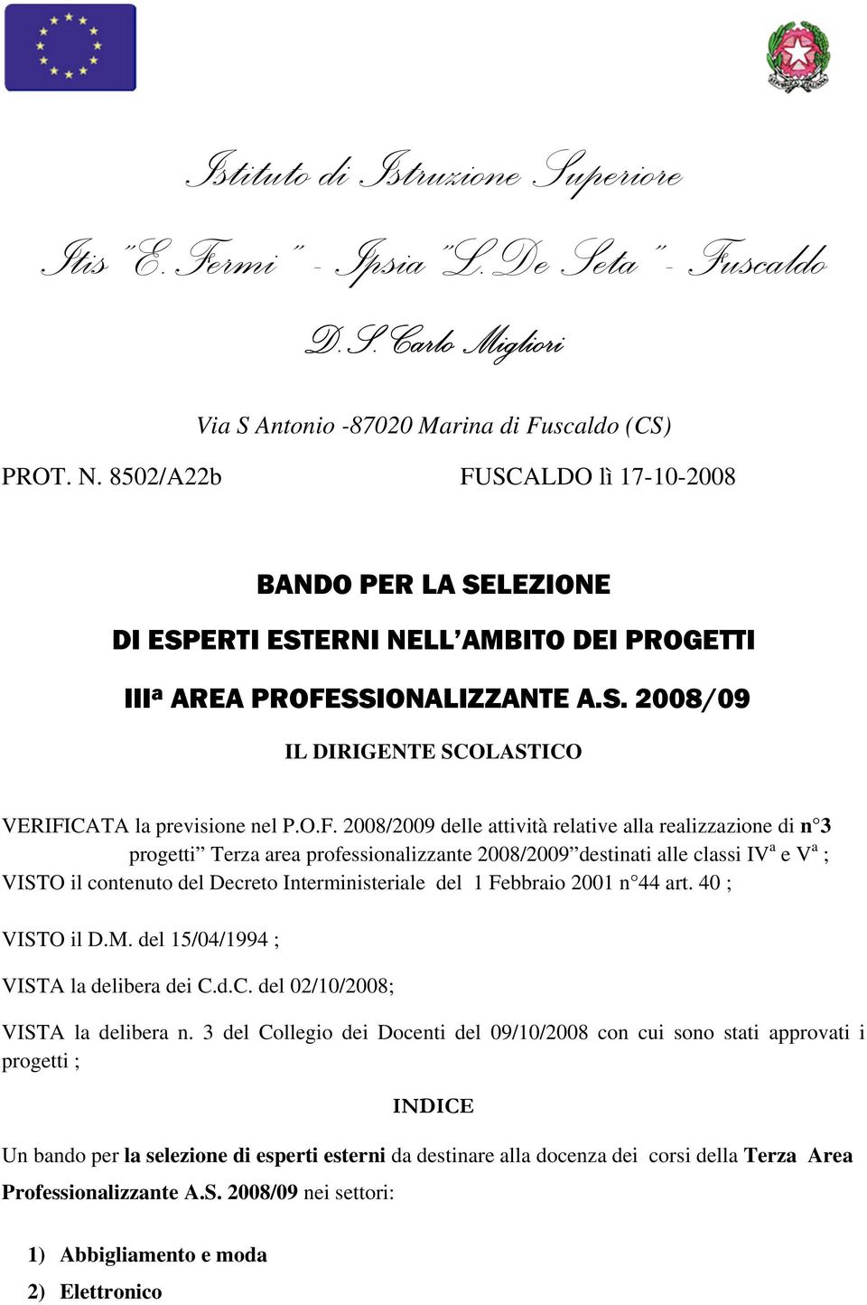 O.F. 2008/2009 delle attività relative alla realizzazione di n 3 progetti Terza area professionalizzante 2008/2009 destinati alle classi IV a e V a ; VISTO il contenuto del Decreto Interministeriale