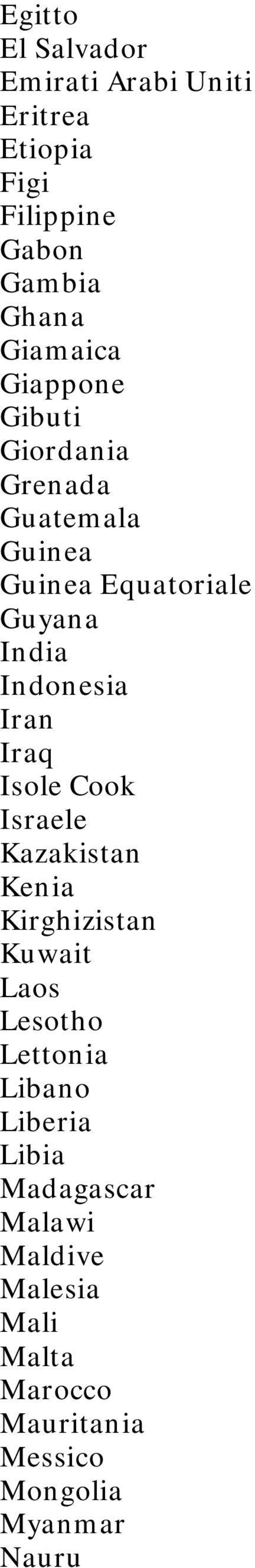 Iraq Isole Cook Israele Kazakistan Kenia Kirghizistan Kuwait Laos Lesotho Lettonia Libano Liberia