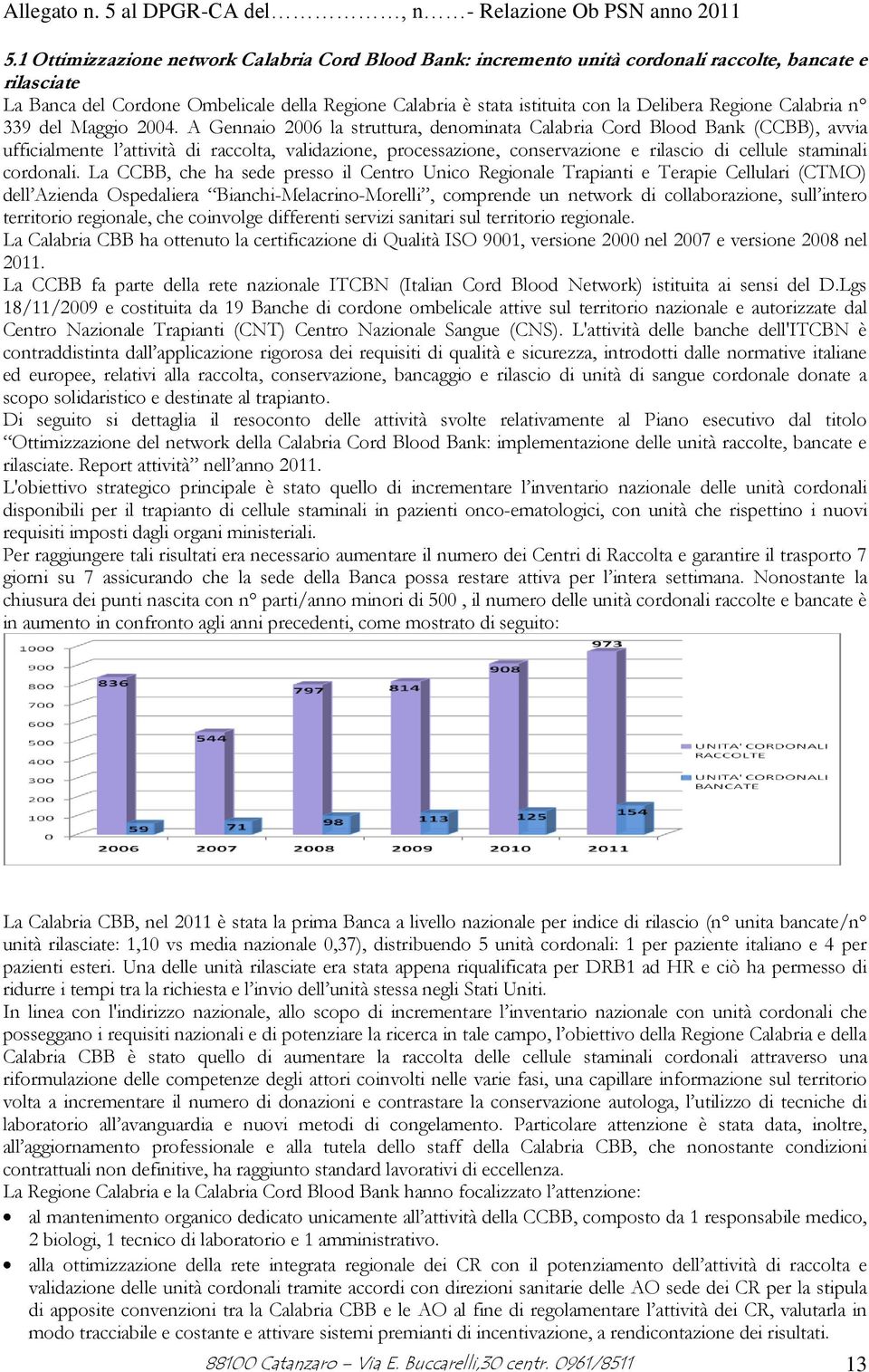 A Gennaio 2006 la struttura, denominata Calabria Cord Blood Bank (CCBB), avvia ufficialmente l attività di raccolta, validazione, processazione, conservazione e rilascio di cellule staminali