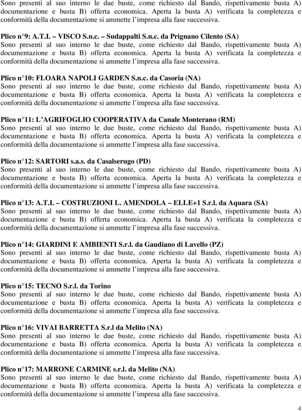 r.l. da Gaudiano di Lavello (PZ) Plico n 15: TECNO S.r.l. da Torino Plico n 16: VIVAI BARRETTA S.r.l da Melito (NA) Plico n 17: MARRONE CARMINE s.