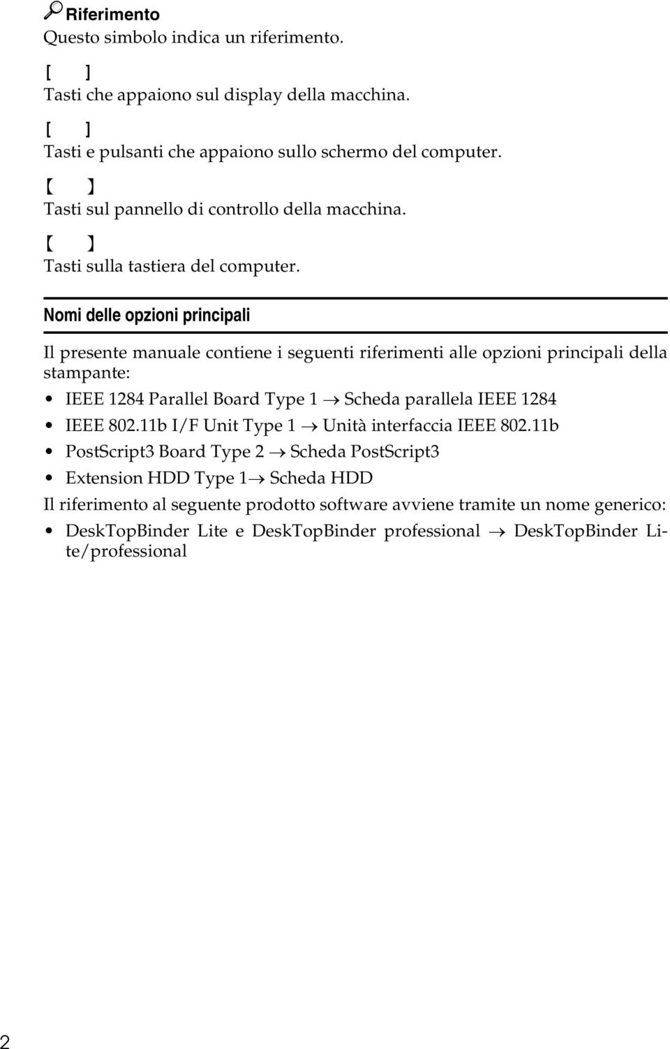 Nomi delle opzioni principali Il presente manuale contiene i seguenti riferimenti alle opzioni principali della stampante: IEEE 1284 Parallel Board Type 1 Scheda parallela IEEE 1284