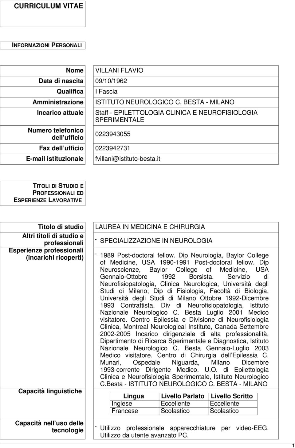 it TITOLI DI STUDIO E PROFESSIONALI ED ESPERIENZE LAVORATIVE Titolo di studio Altri titoli di studio e professionali Esperienze professionali (incarichi ricoperti) Capacità linguistiche Capacità nell