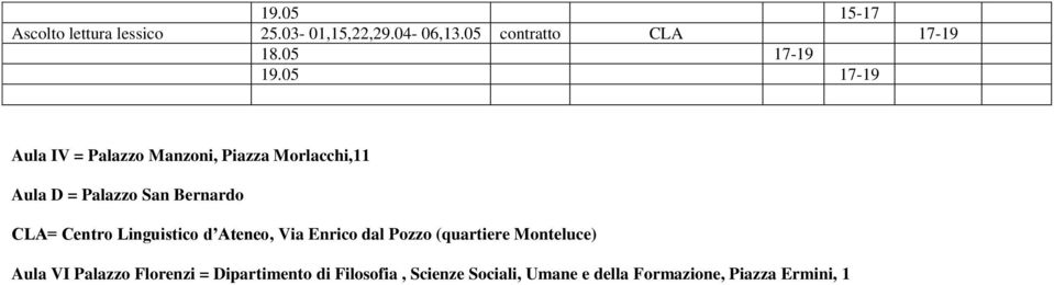 05 17-19 Aula IV = Palazzo Manzoni, Piazza Morlacchi,11 Aula D = Palazzo San Bernardo CLA=