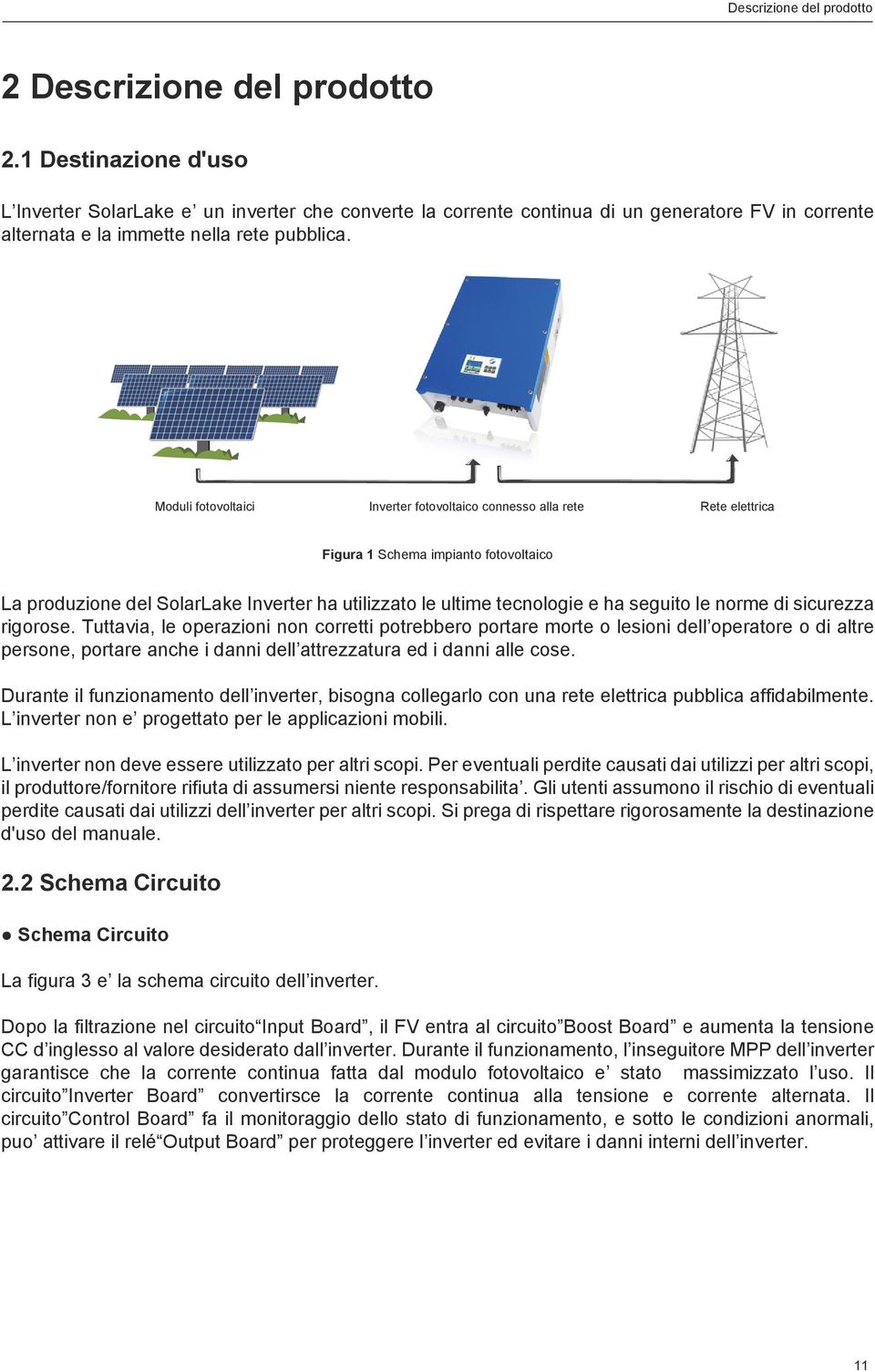 Moduli fotovoltaici Inverter fotovoltaico connesso alla rete Rete elettrica Figura 1 Schema impianto fotovoltaico La produzione del SolarLake Inverter ha utilizzato le ultime tecnologie e ha seguito