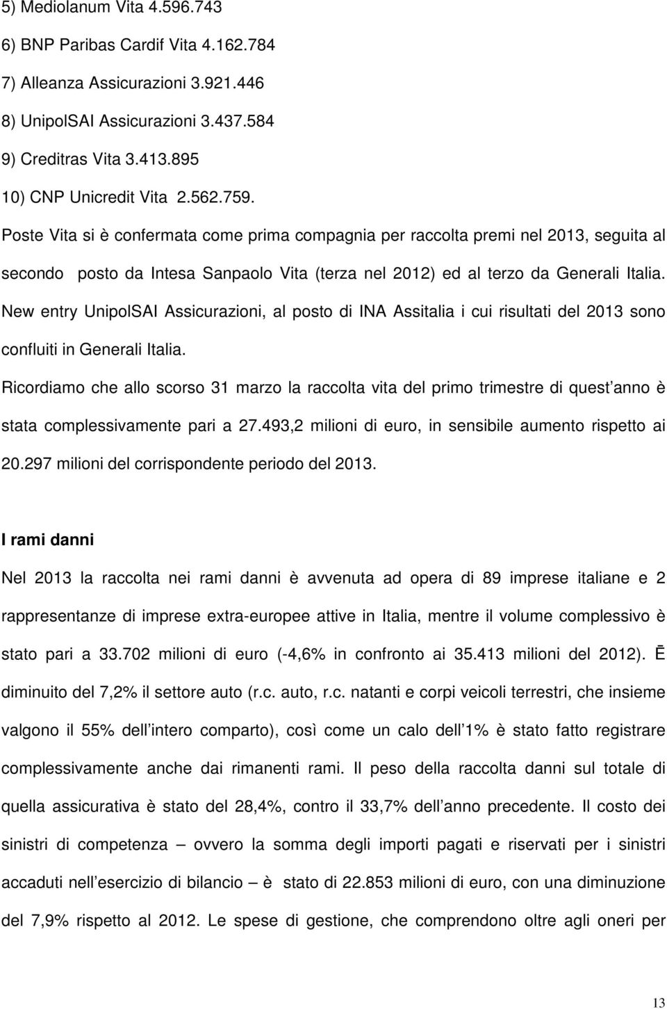 New entry UnipolSAI Assicurazioni, al posto di INA Assitalia i cui risultati del 2013 sono confluiti in Generali Italia.
