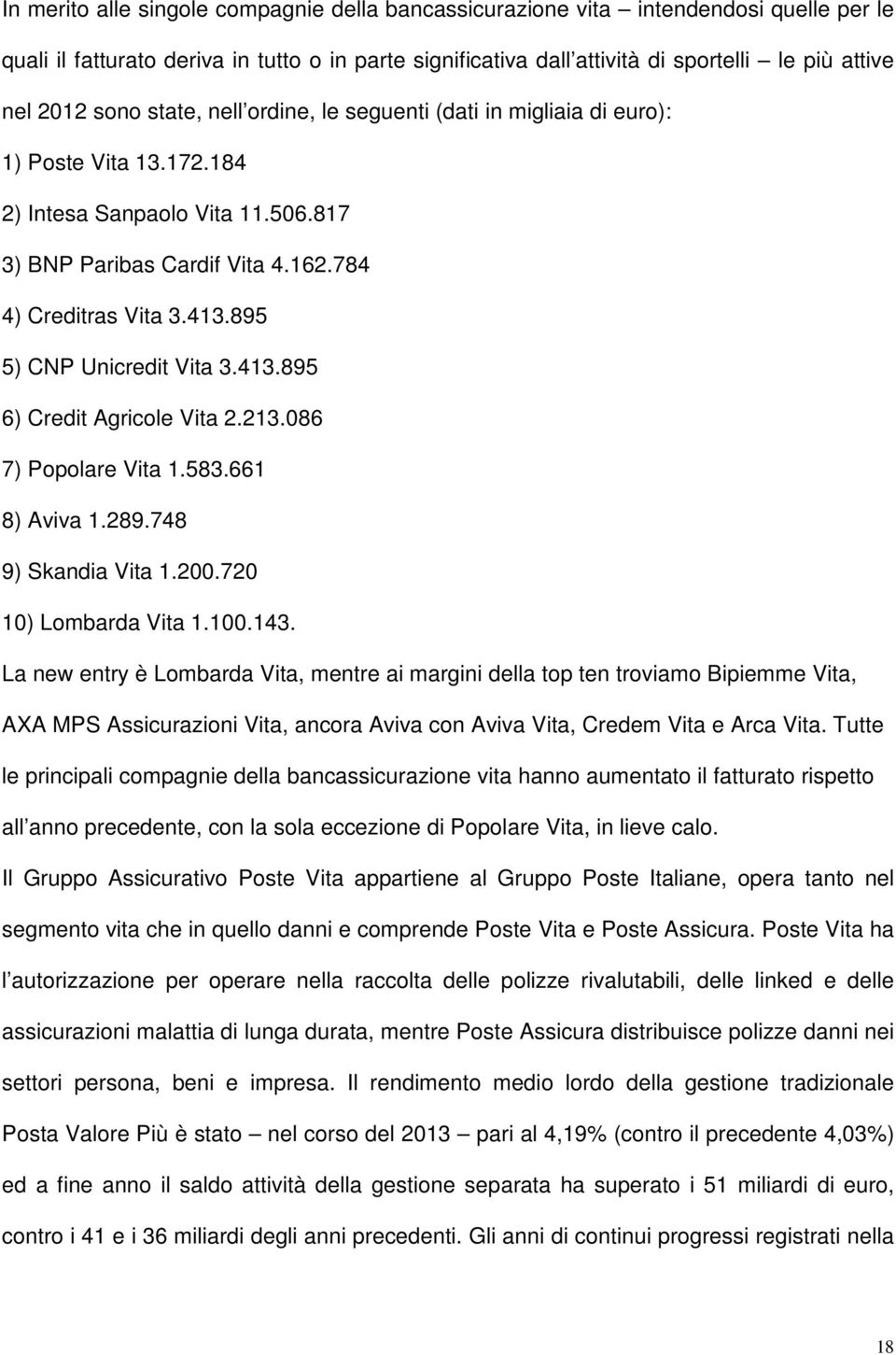 895 5) CNP Unicredit Vita 3.413.895 6) Credit Agricole Vita 2.213.086 7) Popolare Vita 1.583.661 8) Aviva 1.289.748 9) Skandia Vita 1.200.720 10) Lombarda Vita 1.100.143.