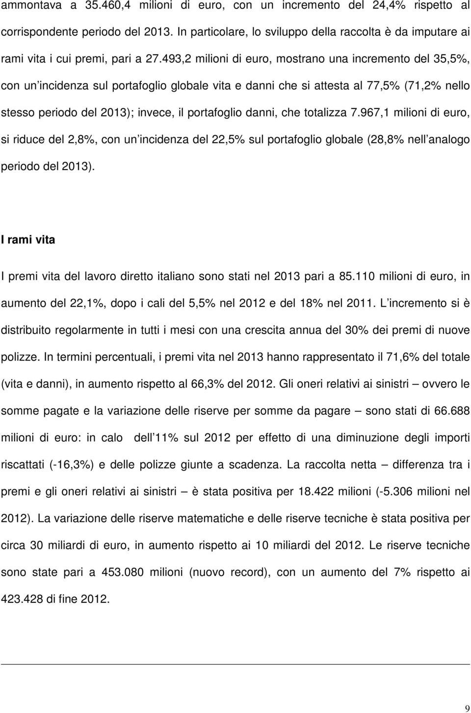 493,2 milioni di euro, mostrano una incremento del 35,5%, con un incidenza sul portafoglio globale vita e danni che si attesta al 77,5% (71,2% nello stesso periodo del 2013); invece, il portafoglio