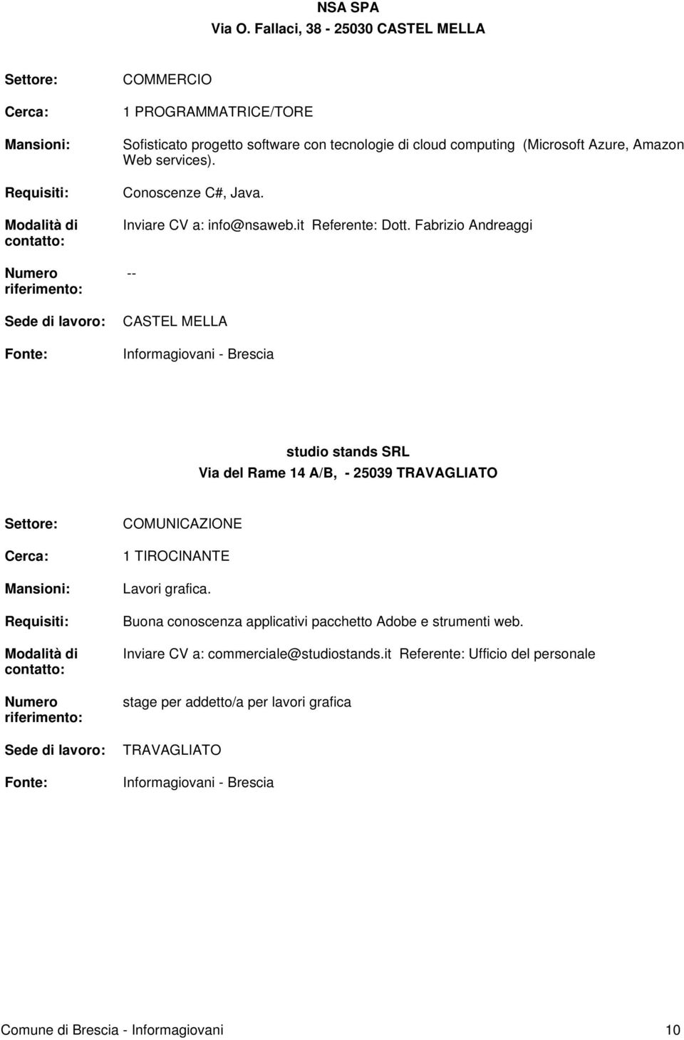 Web services). Conoscenze C#, Java. Inviare CV a: info@nsaweb.it Referente: Dott.