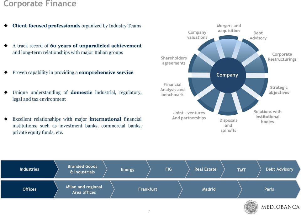 industrial, regulatory, legal and tax environment Financial Analysis and benchmark Strategic objectives Excellent relationships with major international financial institutions, such as investment