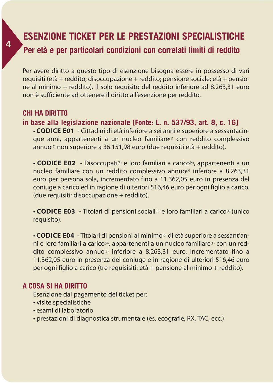 263,31 euro non è sufficiente ad ottenere il diritto all esenzione per reddito. CHI HA DIRITTO in base alla legislazione nazionale [Fonte: L. n. 537/93, art. 8, c.