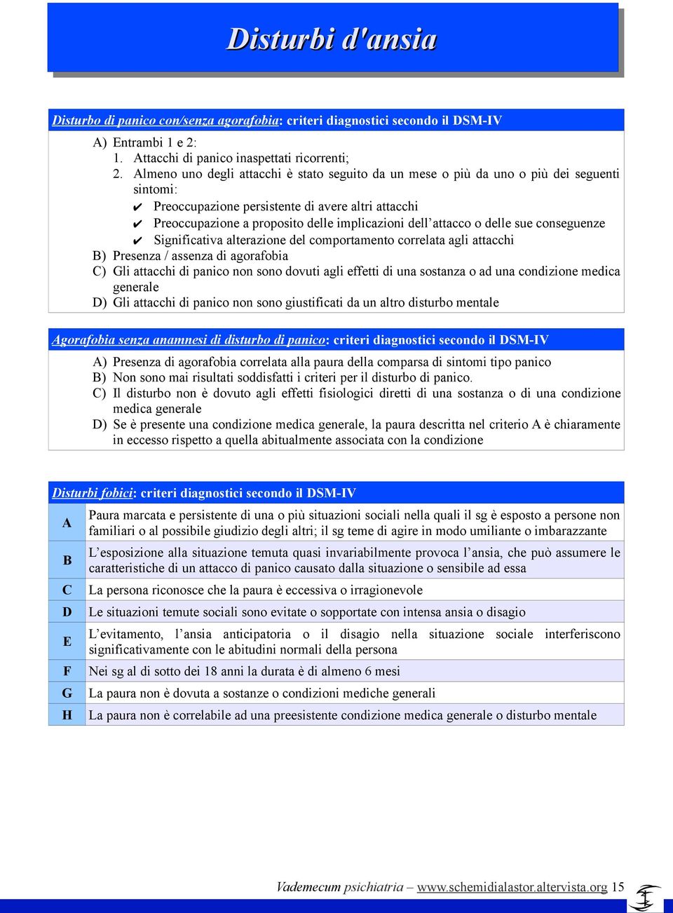 attacco o delle sue conseguenze Significativa alterazione del comportamento correlata agli attacchi B) Presenza / assenza di agorafobia C) Gli attacchi di panico non sono dovuti agli effetti di una