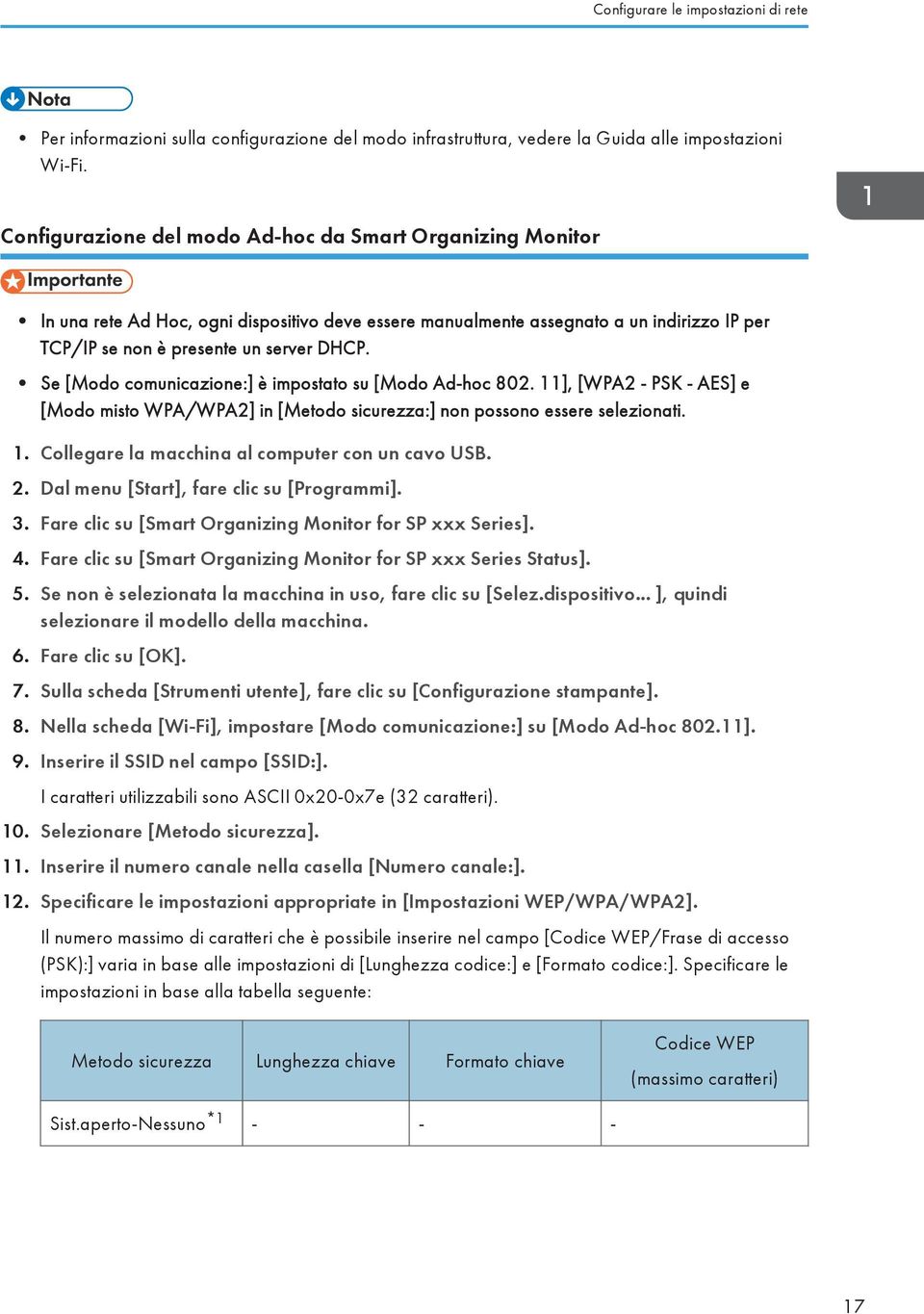 Se [Modo comunicazione:] è impostato su [Modo Ad-hoc 802. 11], [WPA2 - PSK - AES] e [Modo misto WPA/WPA2] in [Metodo sicurezza:] non possono essere selezionati. 1. Collegare la macchina al computer con un cavo USB.