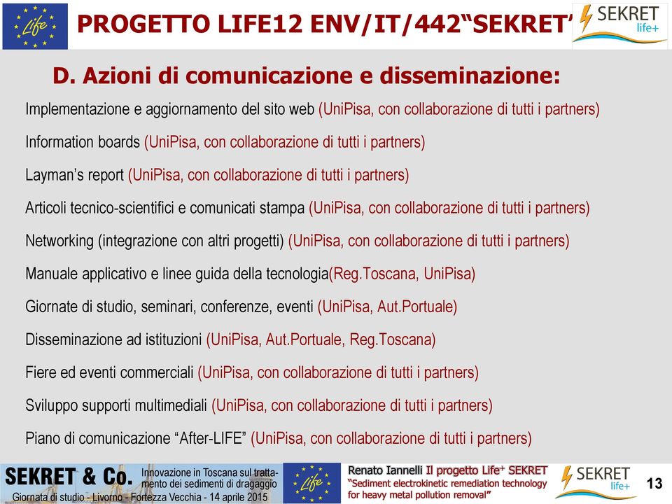 partners) Layman s report (UniPisa, con collaborazione di tutti i partners) Articoli tecnico-scientifici e comunicati stampa (UniPisa, con collaborazione di tutti i partners) Networking (integrazione