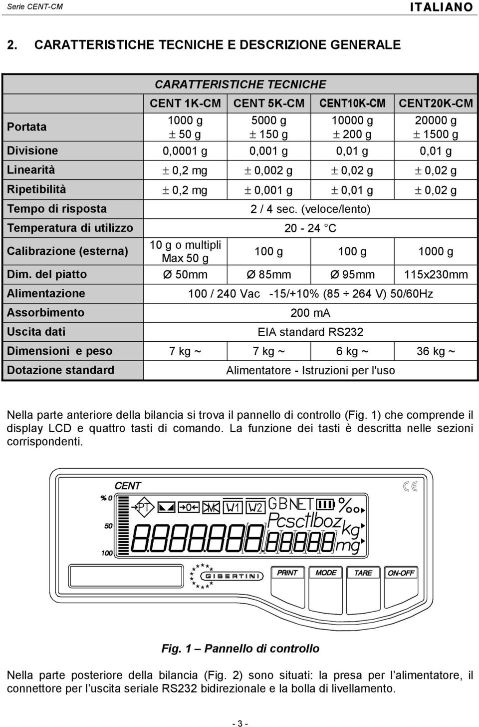 0,0001 g 0,001 g 0,01 g 0,01 g Linearità ± 0,2 mg ± 0,002 g ± 0,02 g ± 0,02 g Ripetibilità ± 0,2 mg ± 0,001 g ± 0,01 g ± 0,02 g Tempo di risposta 2 / 4 sec.