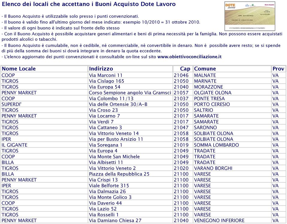 SAMARATE VA TIGROS Via Cattaneo 3 21047 SARONNO VA TIGROS Via Vittorio Veneto 14 21058 SOLBIATE OLONA VA IPER Via per Busto Arsizio 11 21058 SOLBIATE OLONA VA IL GIGANTE Via Soregana 1 21019 SOMMA