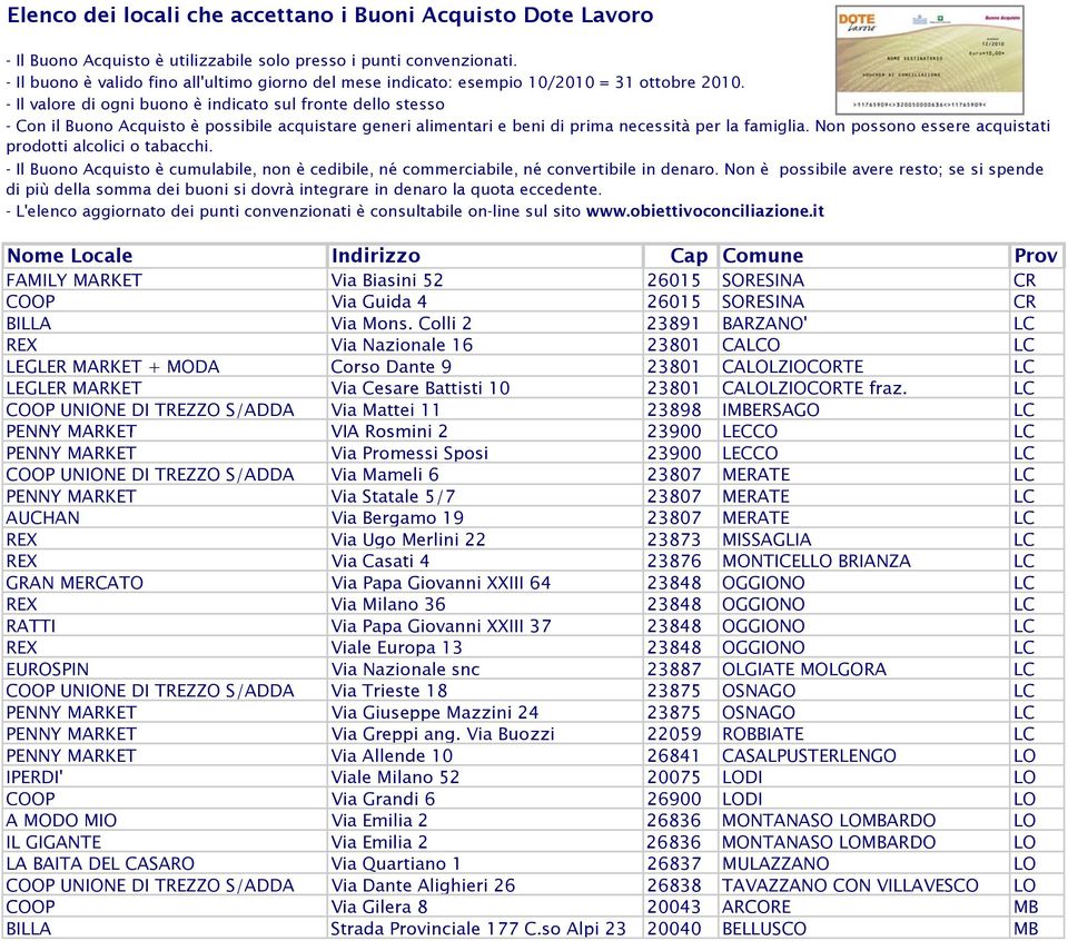 LC COOP UNIONE DI TREZZO S/ADDA Via Mattei 11 23898 IMBERSAGO LC PENNY MARKET VIA Rosmini 2 23900 LECCO LC PENNY MARKET Via Promessi Sposi 23900 LECCO LC COOP UNIONE DI TREZZO S/ADDA Via Mameli 6