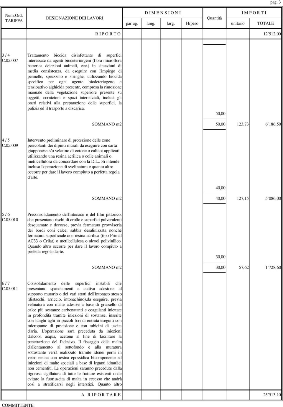 compresa la rimozione manuale della vegetazione superiore presente su oggetti, cornicioni e spazi interstiziali, inclusi gli oneri relativi alla preparazione delle superfici, la pulizia ed il