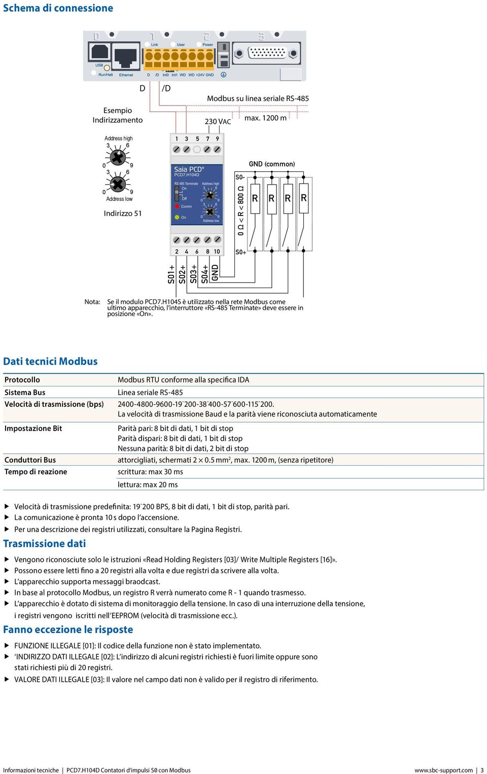 H4S è utilizzato nella rete Modbus come ultimo apparecchio, l interruttore «RS-485 Terminate» deve essere in posizione «On».