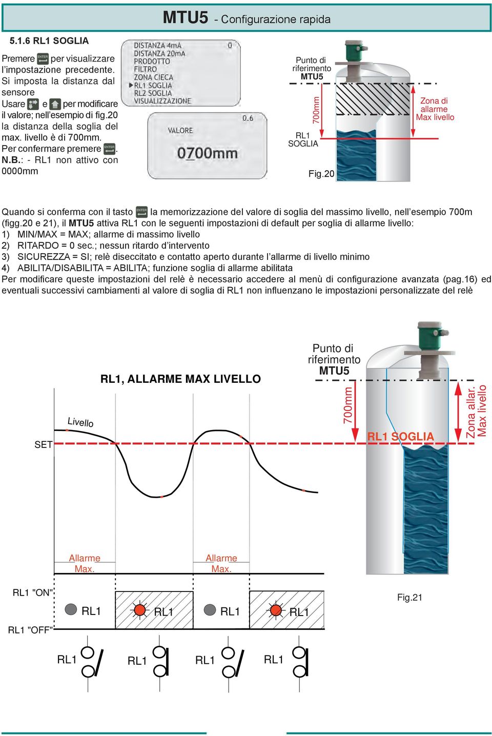 20 Zona di allarme Max livello Quando si conferma con il tasto la memorizzazione del valore di soglia del massimo livello, nell esempio 700m (figg.