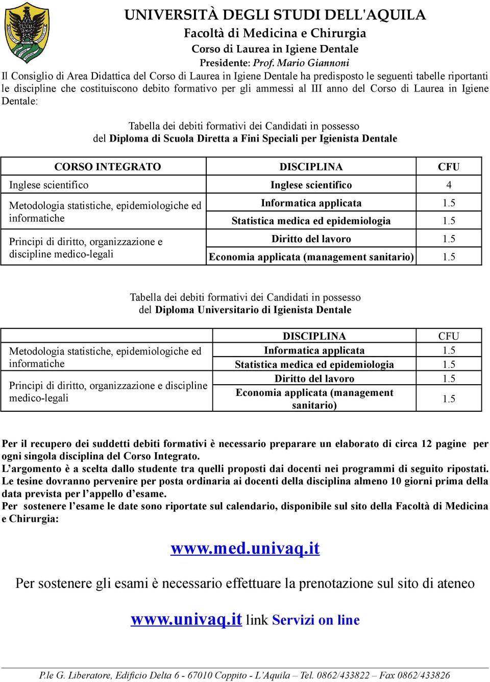 Metodologia statistiche, epidemiologiche ed informatiche Principi di diritto, organizzazione e discipline medico-legali Informatica applicata 1.5 Statistica medica ed epidemiologia 1.