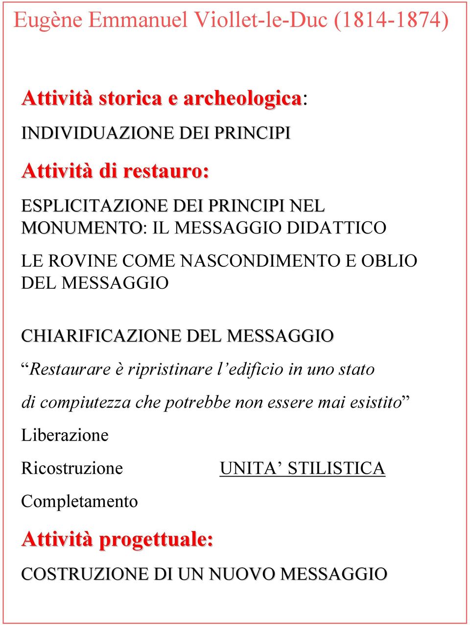 MESSAGGIO CHIARIFICAZIONE DEL MESSAGGIO Restaurare è ripristinare l edificio in uno stato di compiutezza che potrebbe non