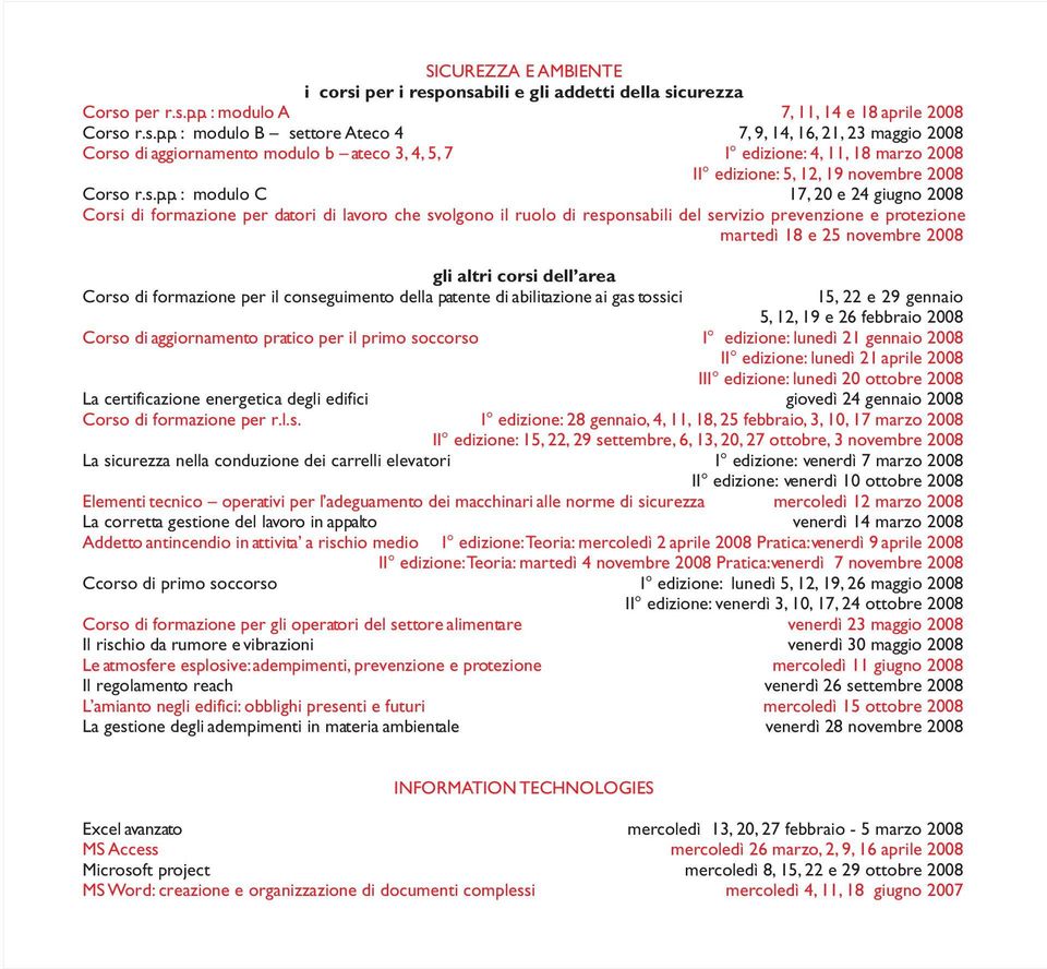 s.p.p. : modulo C 17, 20 e 24 giugno 2008 Corsi di formazione per datori di lavoro che svolgono il ruolo di responsabili del servizio prevenzione e protezione martedì 18 e 25 novembre 2008 gli altri