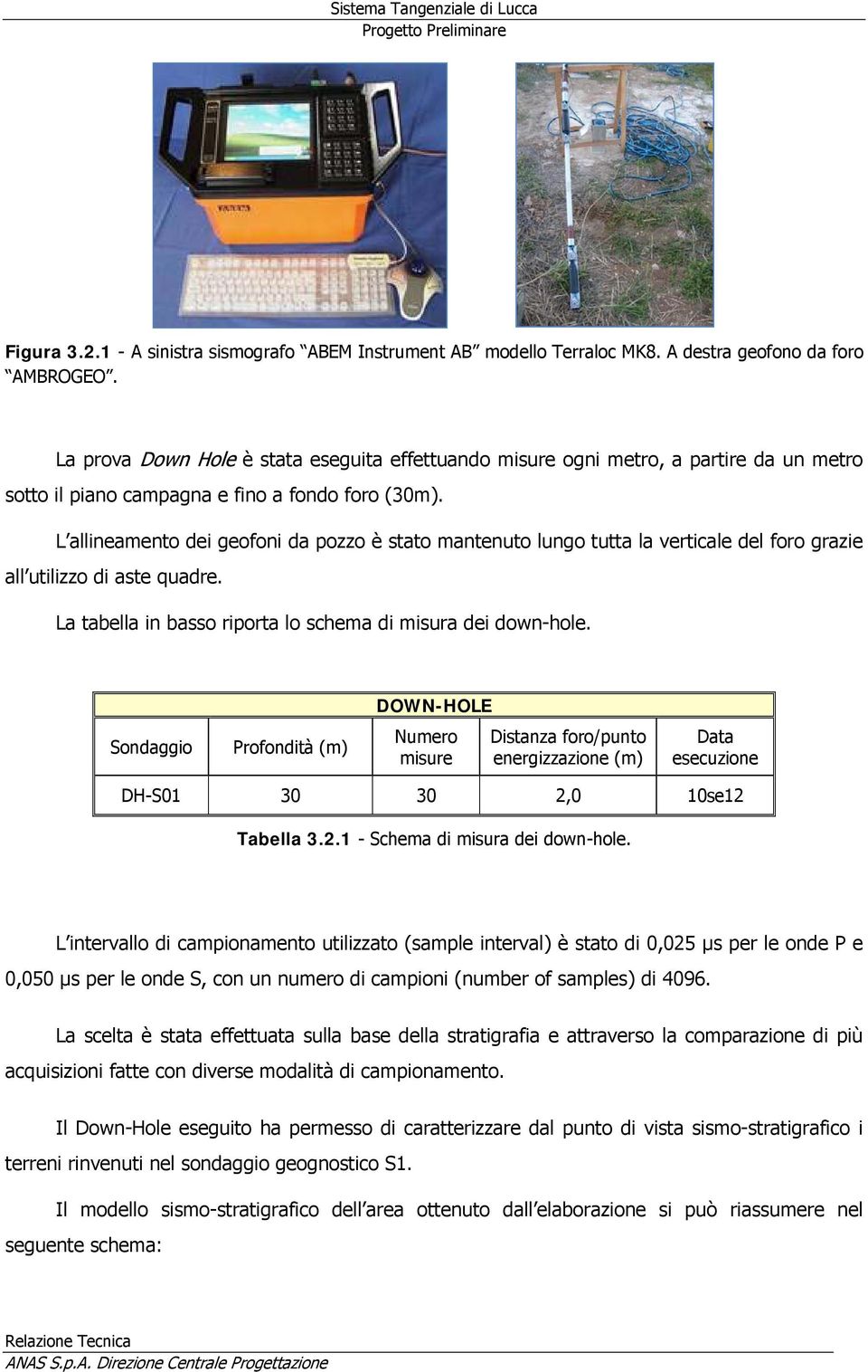 L allineamento dei geofoni da pozzo è stato mantenuto lungo tutta la verticale del foro grazie all utilizzo di aste quadre. La tabella in basso riporta lo schema di misura dei down-hole.