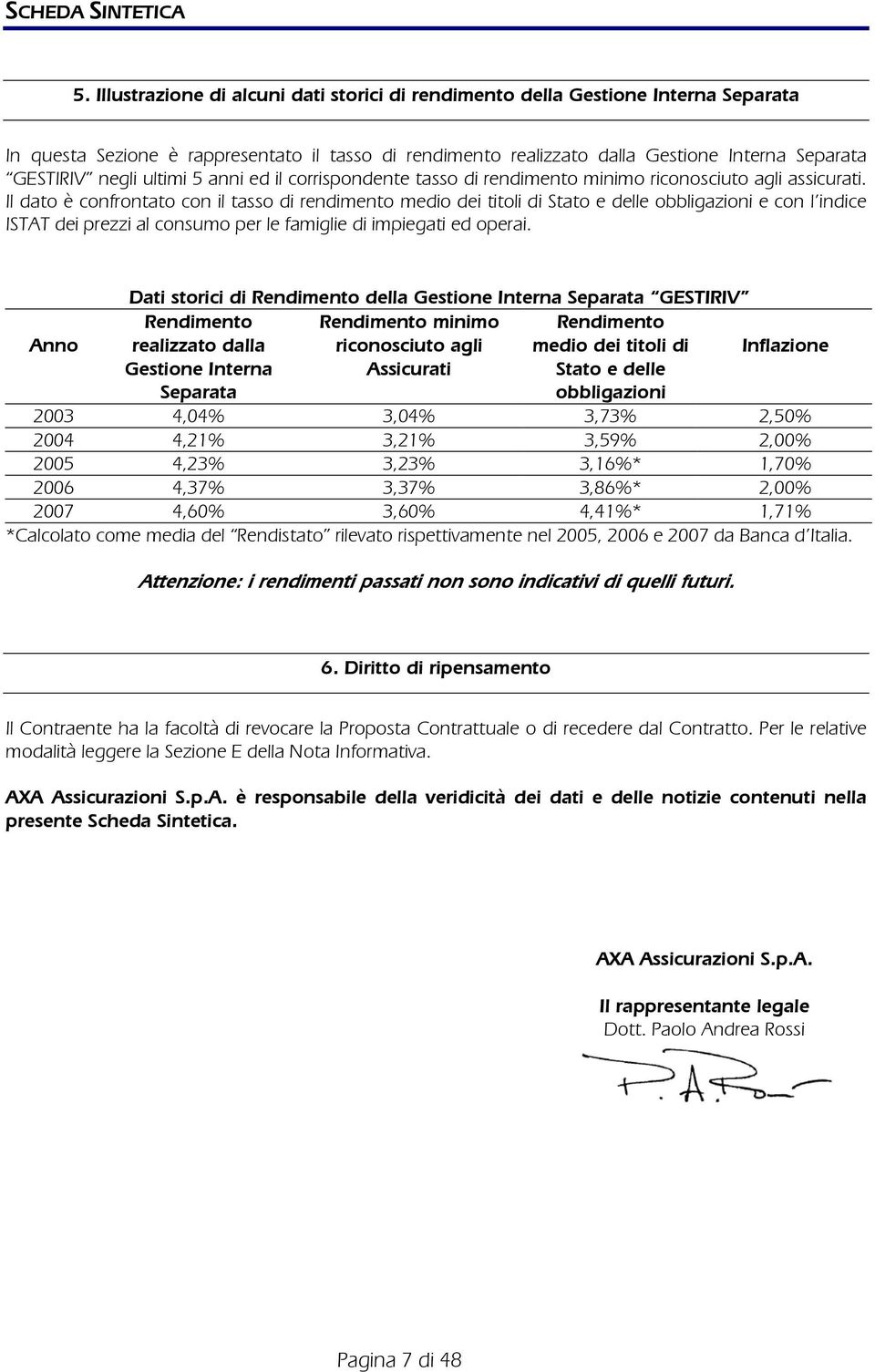 ultimi 5 anni ed il corrispondente tasso di rendimento minimo riconosciuto agli assicurati.