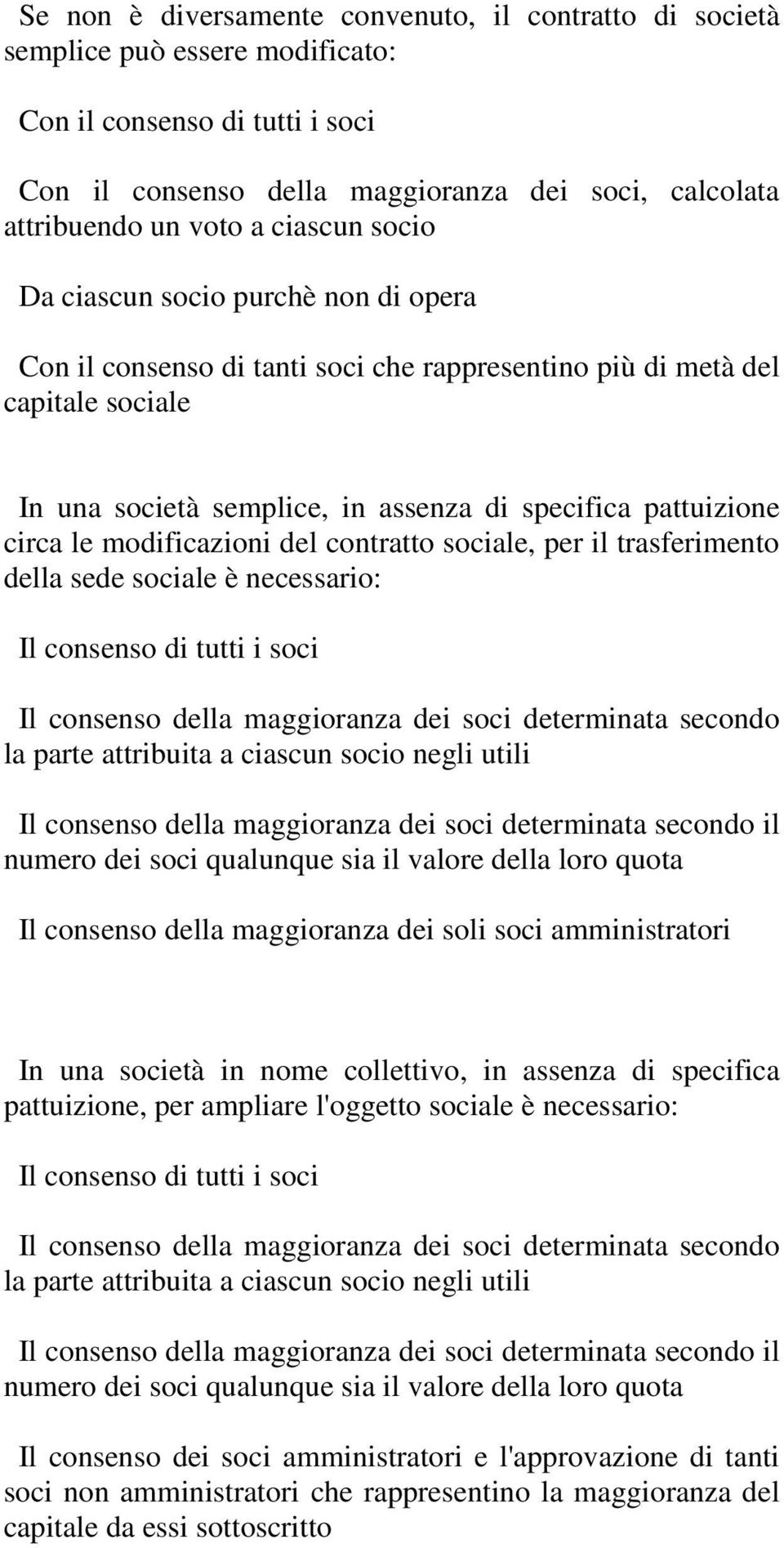 le modificazioni del contratto sociale, per il trasferimento della sede sociale è necessario: Il consenso di tutti i soci Il consenso della maggioranza dei soci determinata secondo la parte