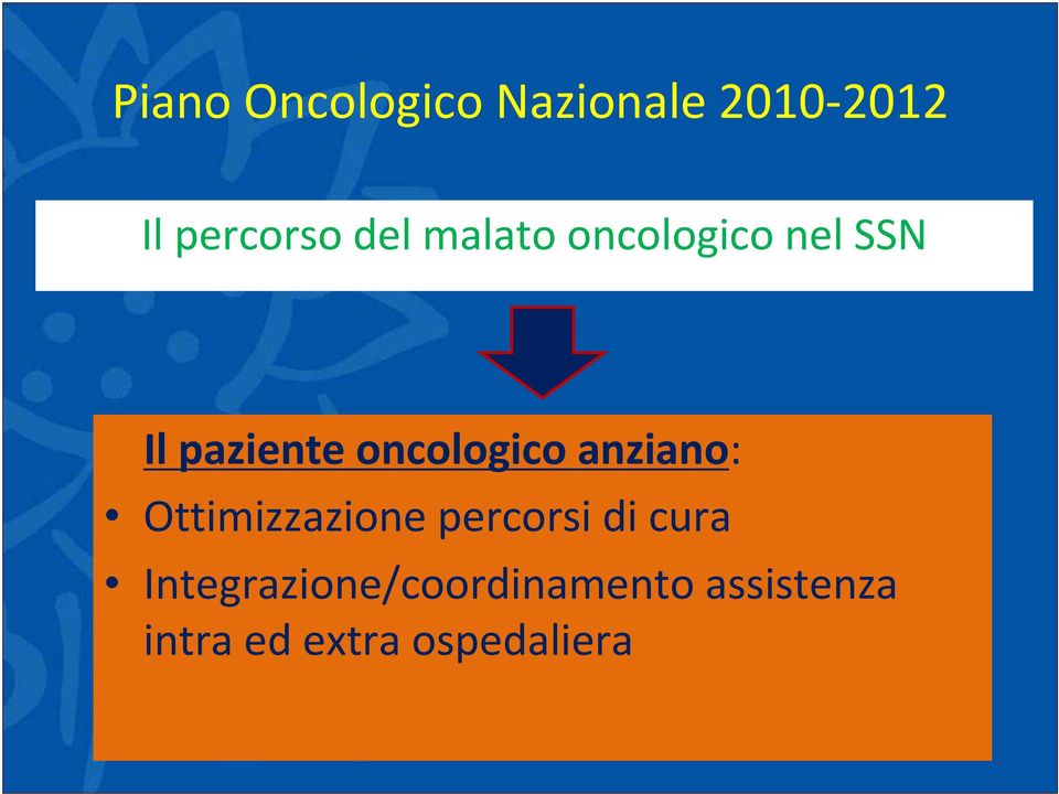 oncologico anziano: Ottimizzazione percorsi di cura