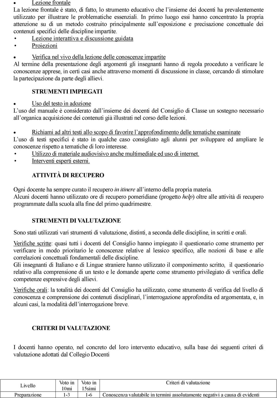 Lezione interattiva e discussione guidata Proiezioni Verifica nel vivo della lezione delle conoscenze impartite Al termine della presentazione degli argomenti gli insegnanti hanno di regola proceduto