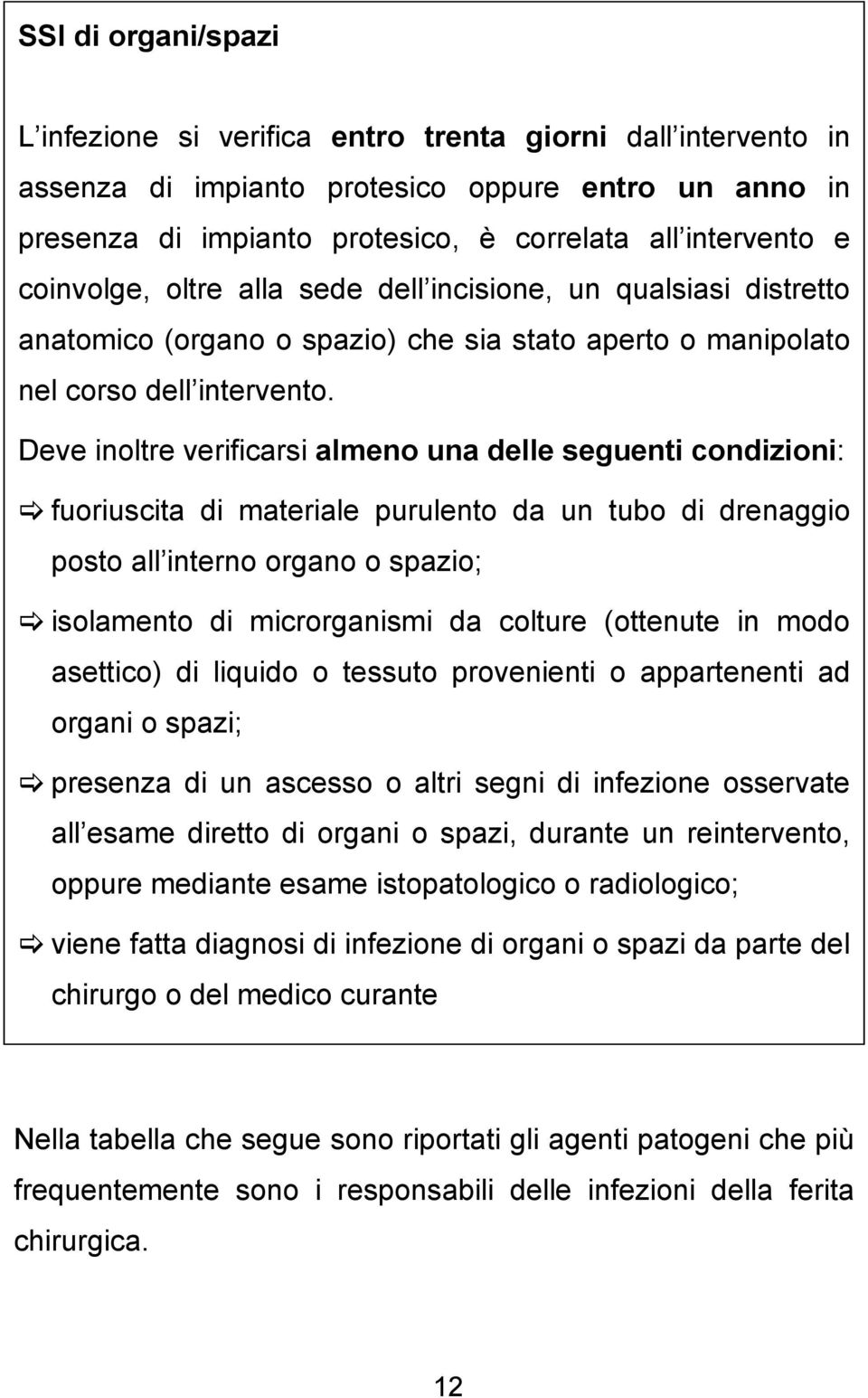 Deve inoltre verificarsi almeno una delle seguenti condizioni: fuoriuscita di materiale purulento da un tubo di drenaggio posto all interno organo o spazio; isolamento di microrganismi da colture