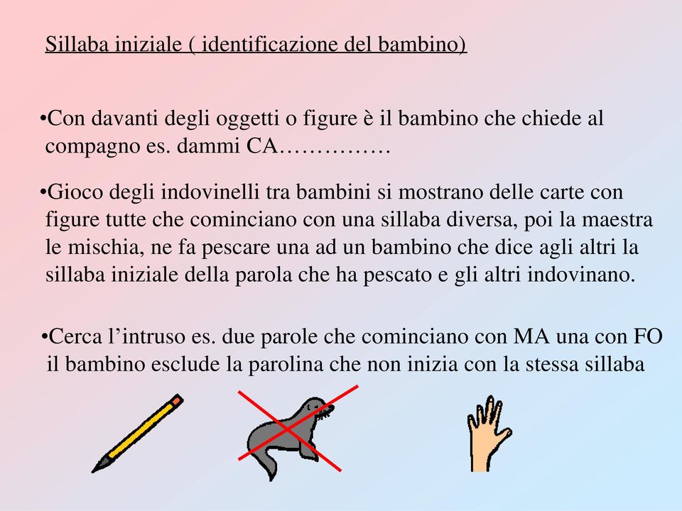 maestra le mischia, ne fa pescare una ad un bambino che dice agli altri la sillaba iniziale della parola che ha pescato e gli altri