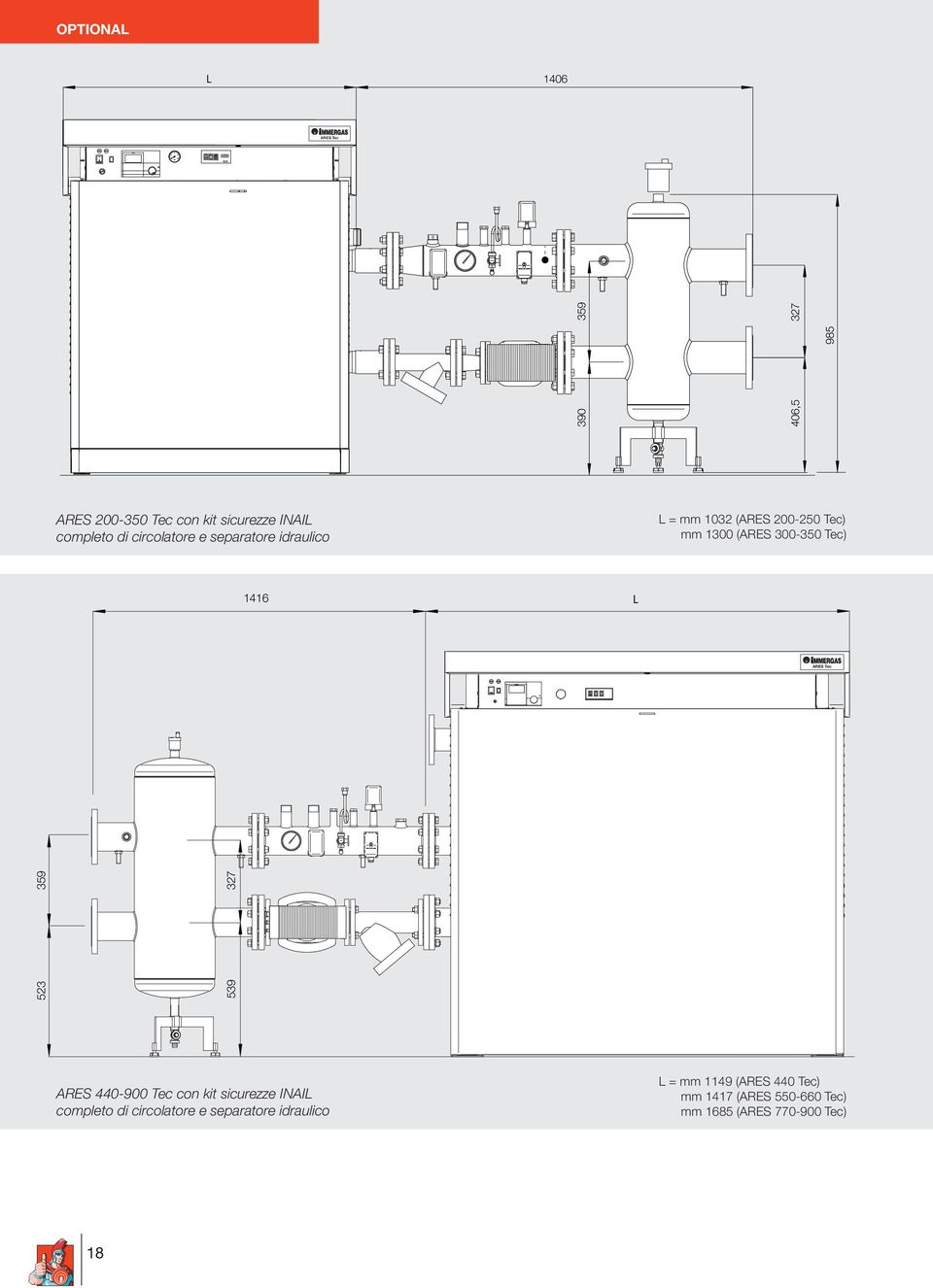 Tec 523 359 539 327 440-900 Tec con kit sicurezze INAIL completo di circolatore e separatore idraulico L= mm 1149 (