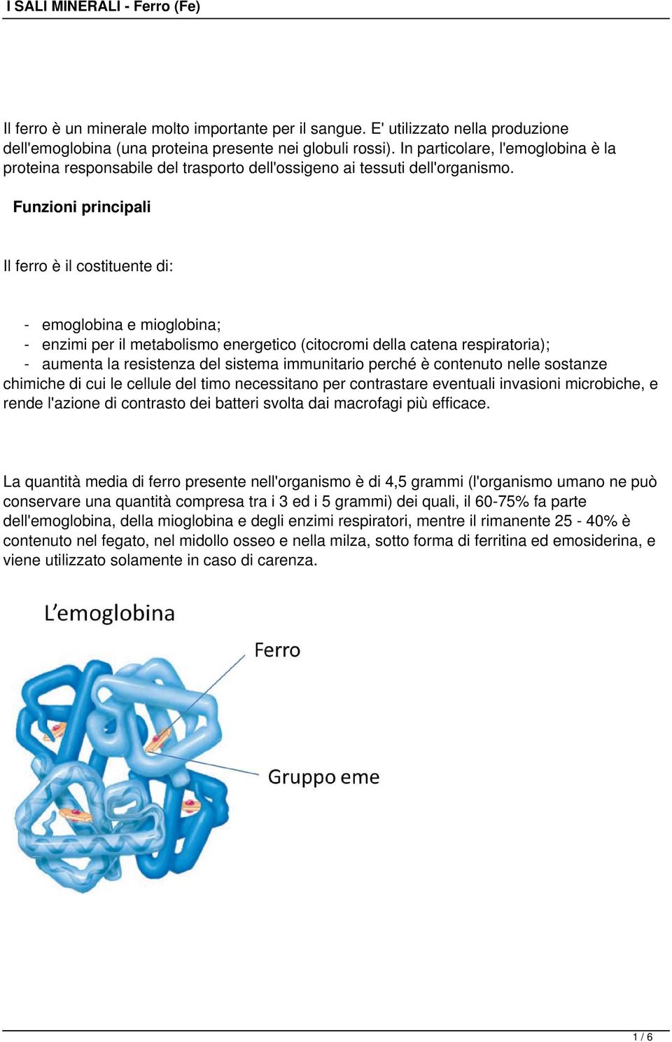 Funzioni principali Il ferro è il costituente di: - emoglobina e mioglobina; - enzimi per il metabolismo energetico (citocromi della catena respiratoria); - aumenta la resistenza del sistema